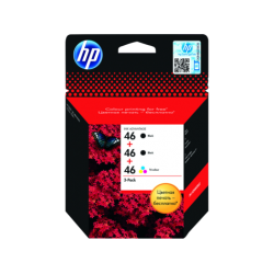 HP F6T40AE, Упаковка из 3 оригинальных струйных картриджей HP 46, черный (2)/трехцветный (1) for DeskJet 2020hc/2520hc (2 black, 1 color), черно-белая печать 1500 стр, цветная печать 750 стр. (F6T40AE)